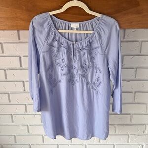 J. Jill Linen Scoop Neck w/ Button Closure Lace Cut out  3/4 Sleeve Blouse, XS
